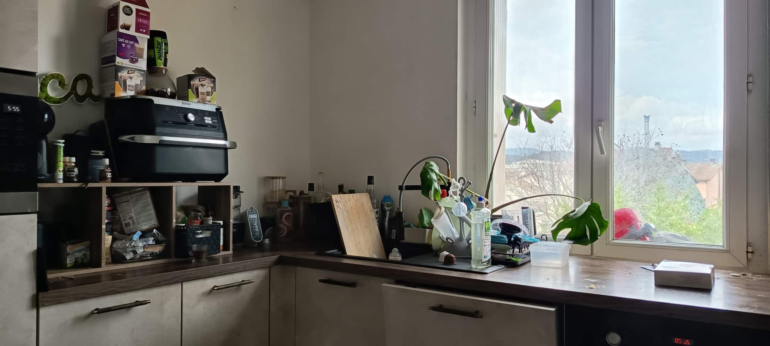 Cluttered kitchen counter by a large window; plant near the sink, coffee machine, and shelves with boxes and bottles nearby.